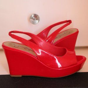 Jessica Simpson Red Patent Wedge Shoes Size 6.5 $80 HTF RARE